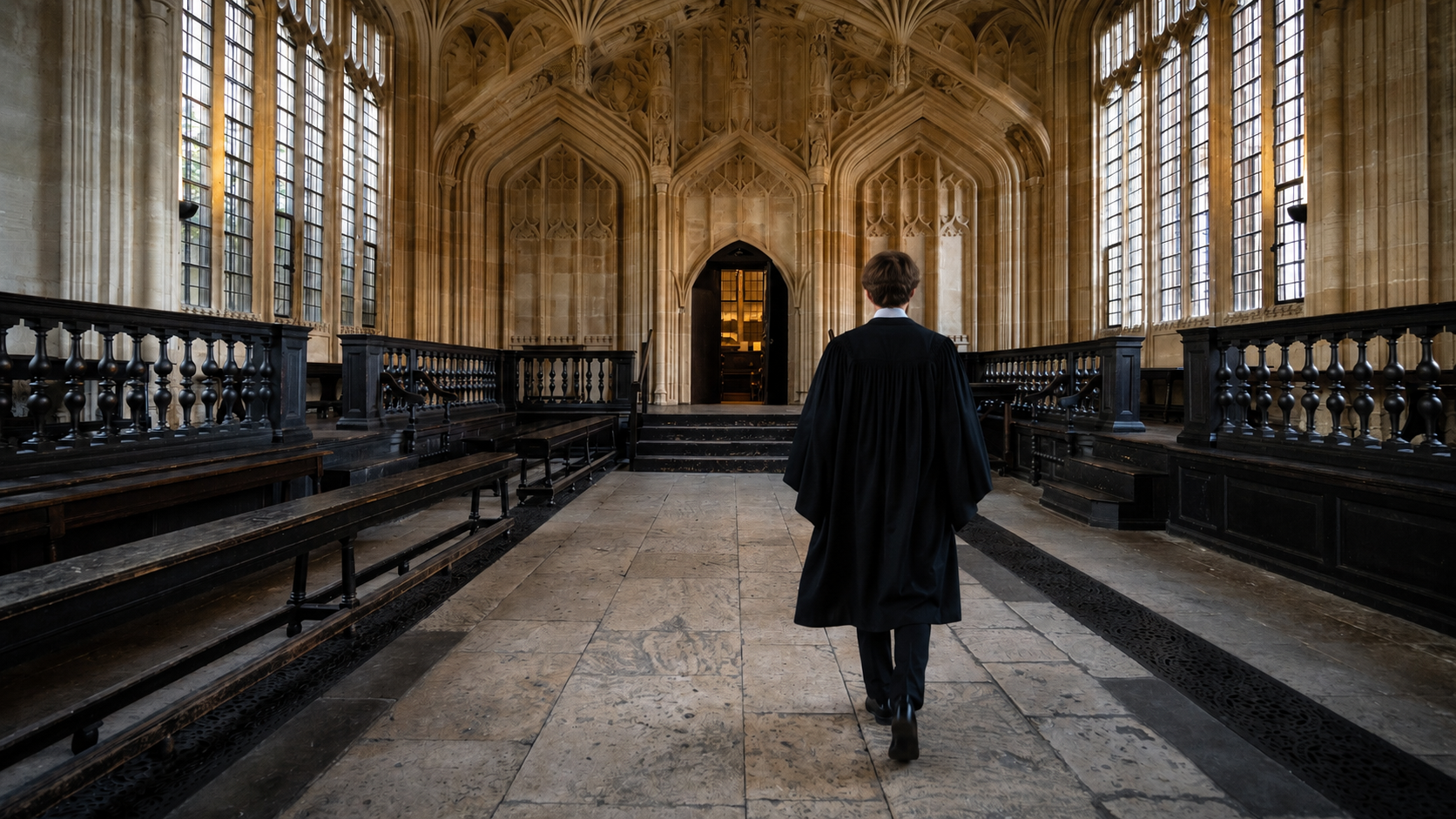 A scholar walks through a sunlit Oxford hall — the quiet confidence of a single mind in pursuit of mastery.